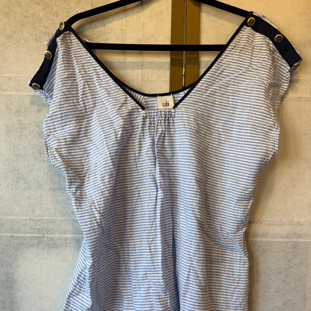Cabi Nautical Blue & White Striped Top with Anchor Buttons